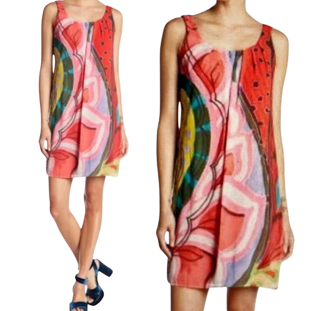 Desigual Abstract Floral Print Pleated Dress Sleeveless A Line Scoop Neck Small